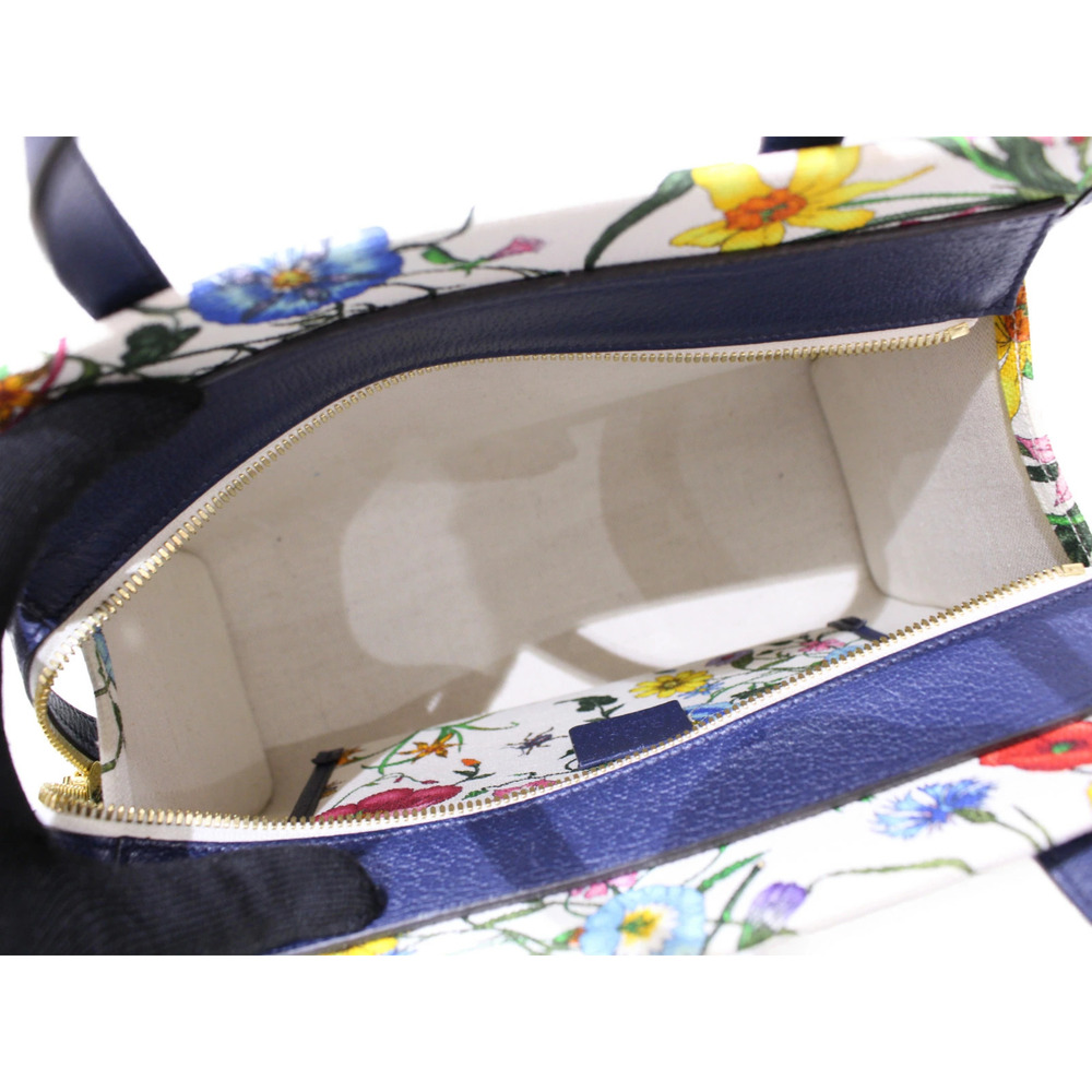 GUCCI Flora Flower Bag Canvas Leather Floral White Navy Blue Multicolor - Picture 6 of 9